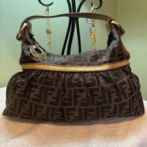 Fendi Zucca Chef Shoulder Bag with Gold Trim